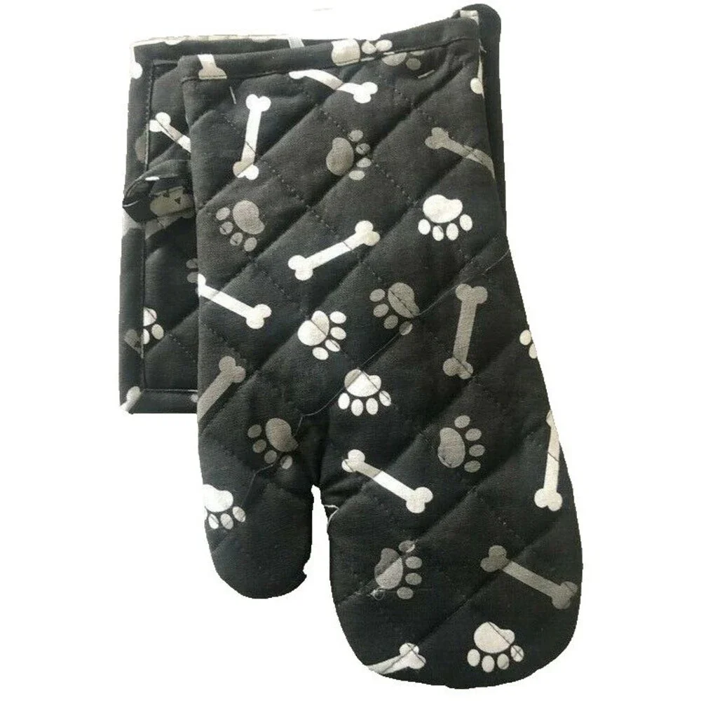 Dogs Welcome Kitchen Oven Mitt Potholder Dog Bones Paw Prints Pet Black Set of 2